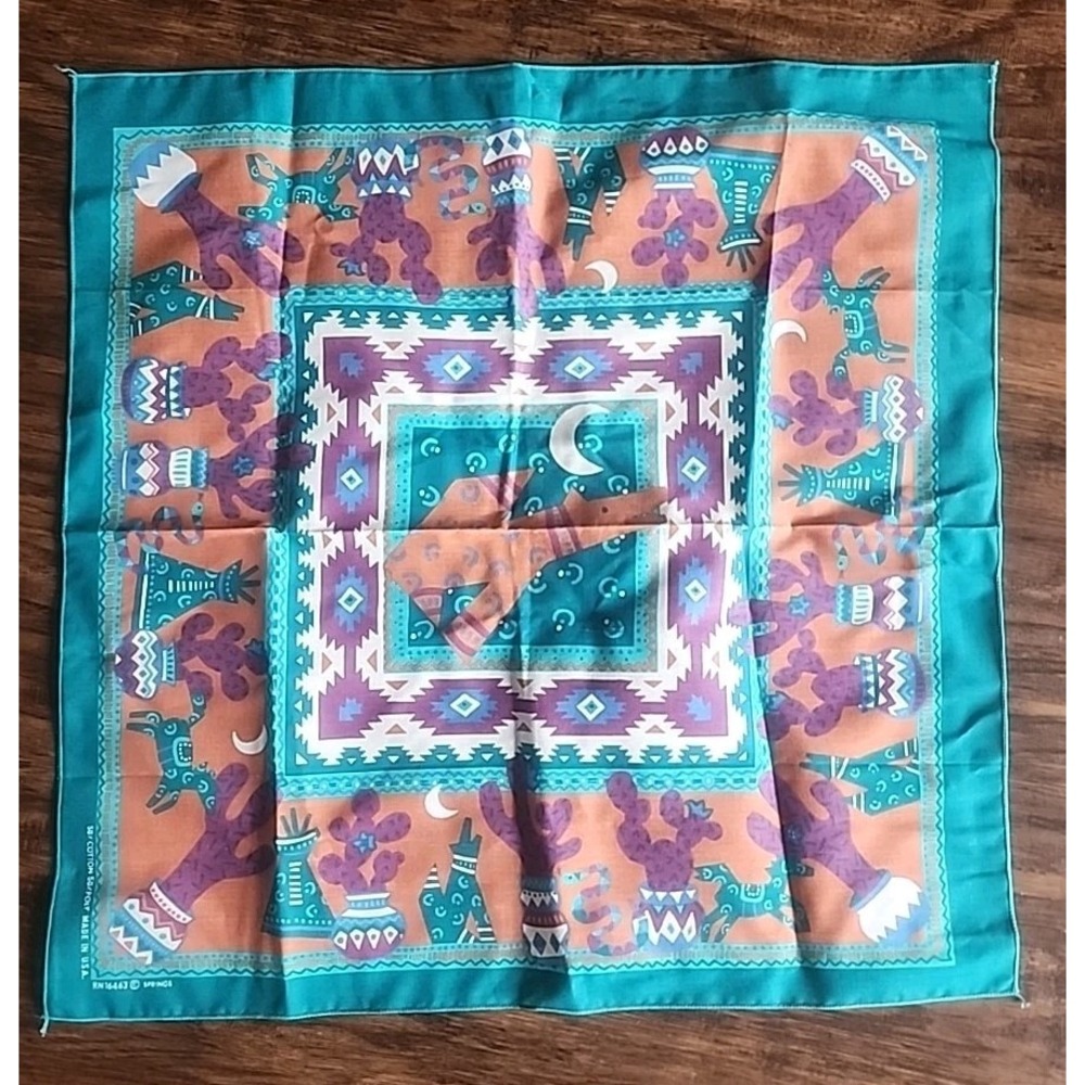 Vintage Springs Bandana Aztec Southwestern Wolf Teepee Cactus  21x21 Made In USA